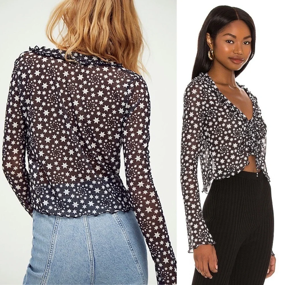 FREE PEOPLE Y2K Sheer Celestial Ruffle V-Neck Long Sleeve Whimsigoth Crop Top XS